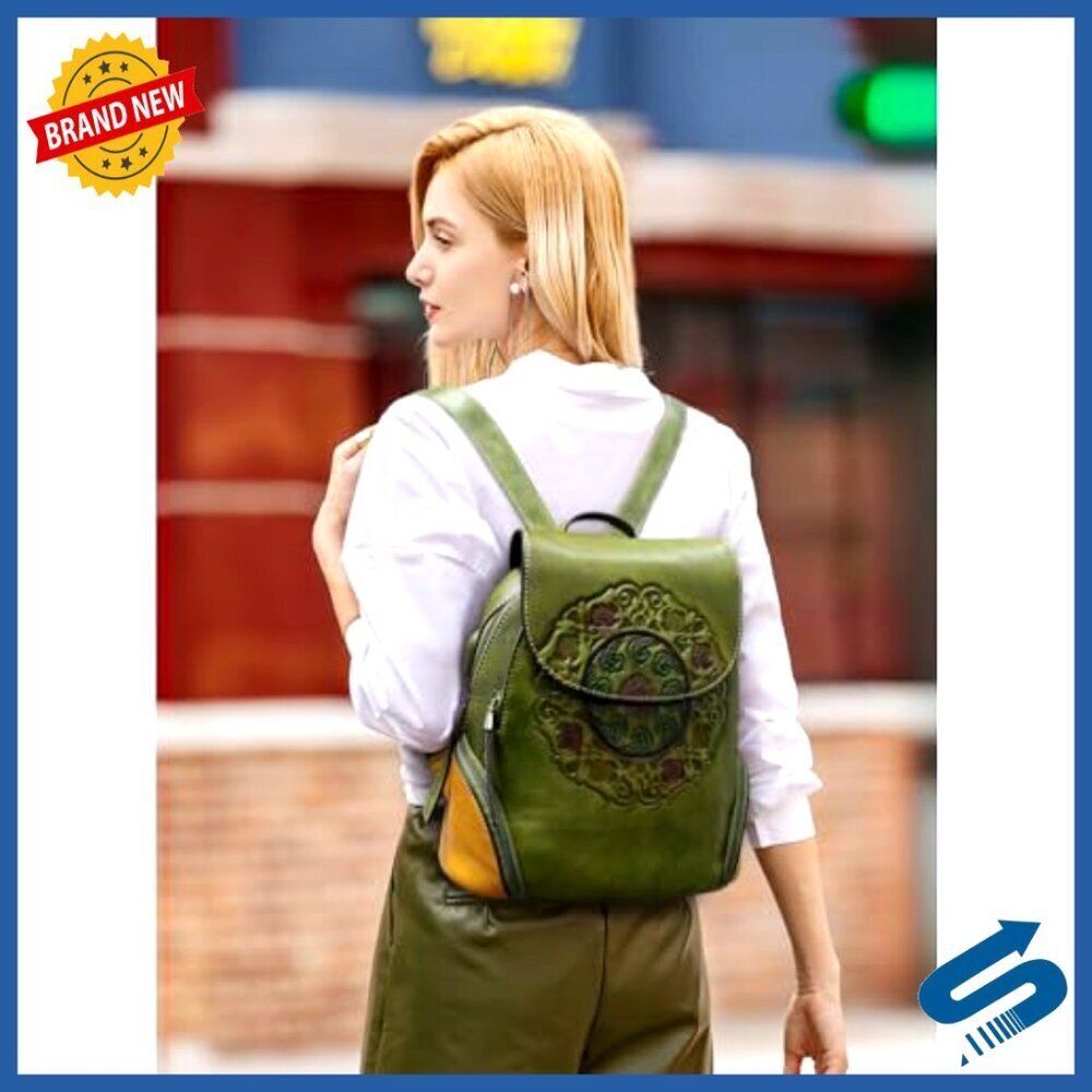 Genuine Leather Travel Backpack Purse Anti-Theft USB Charging Vintage Embossed - Picture 2 of 6